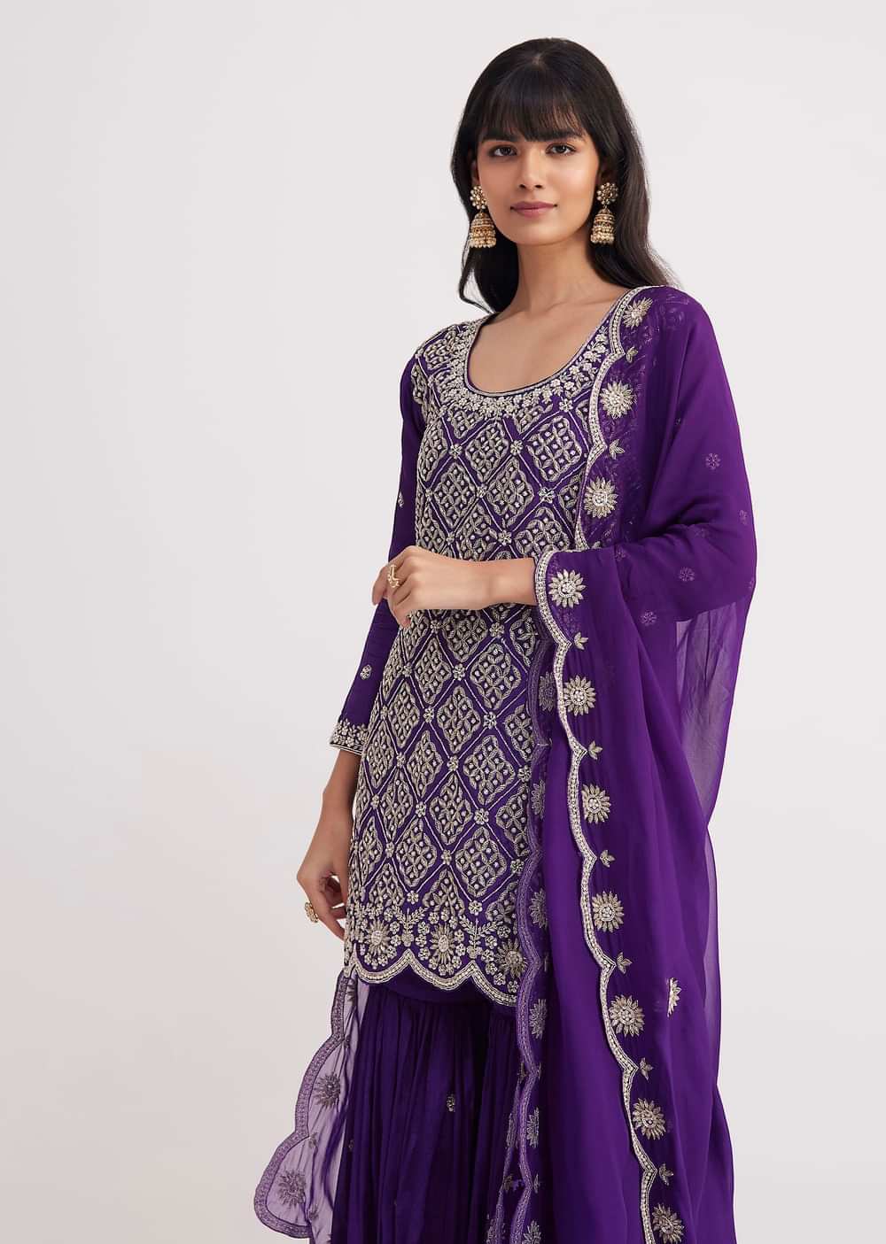 Purple Cutdana Embroidered Sharara Suit With Organza Dupatta