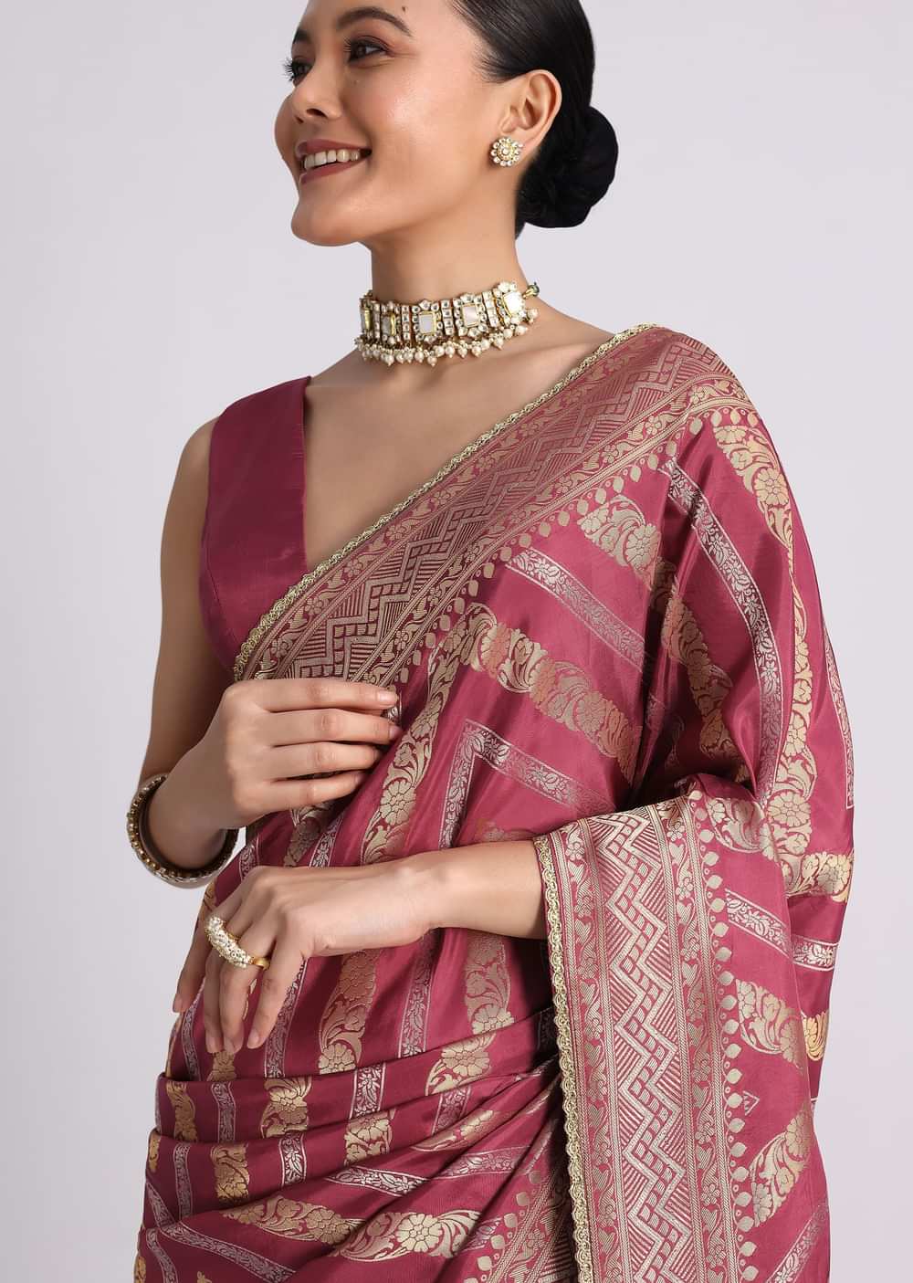 Dusty Pink Dola Silk Saree with Zari Weave and Lace Border