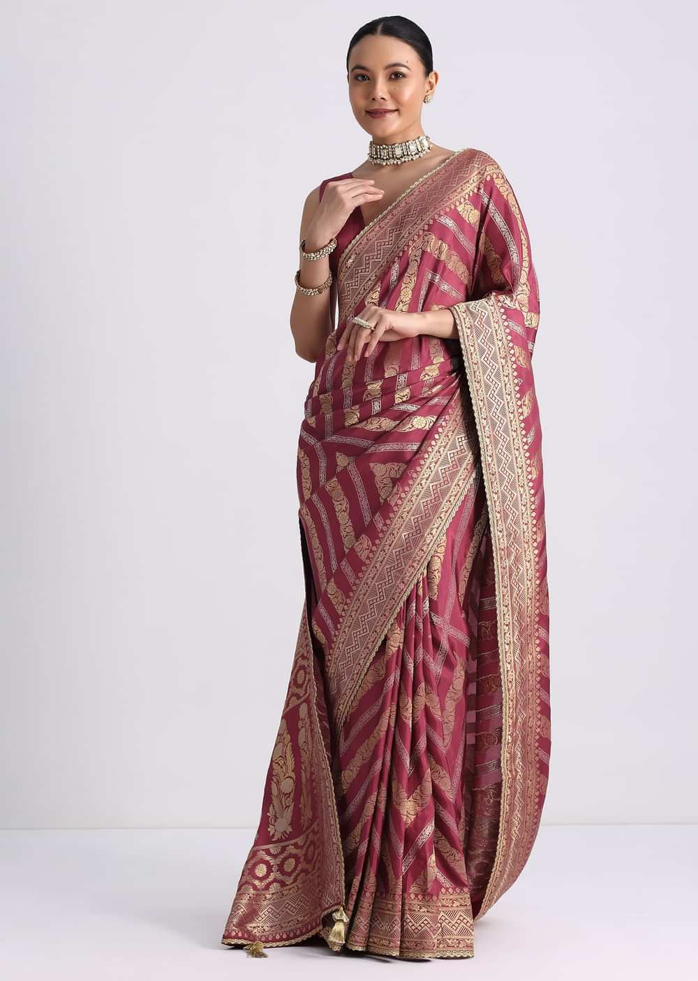 Dusty Pink Dola Silk Saree with Zari Weave and Lace Border
