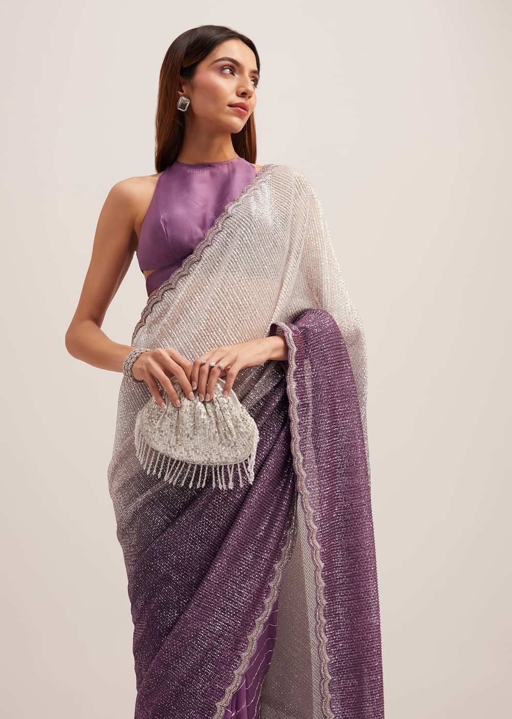 Purple Dual Shaded Half And Half Sequins Saree