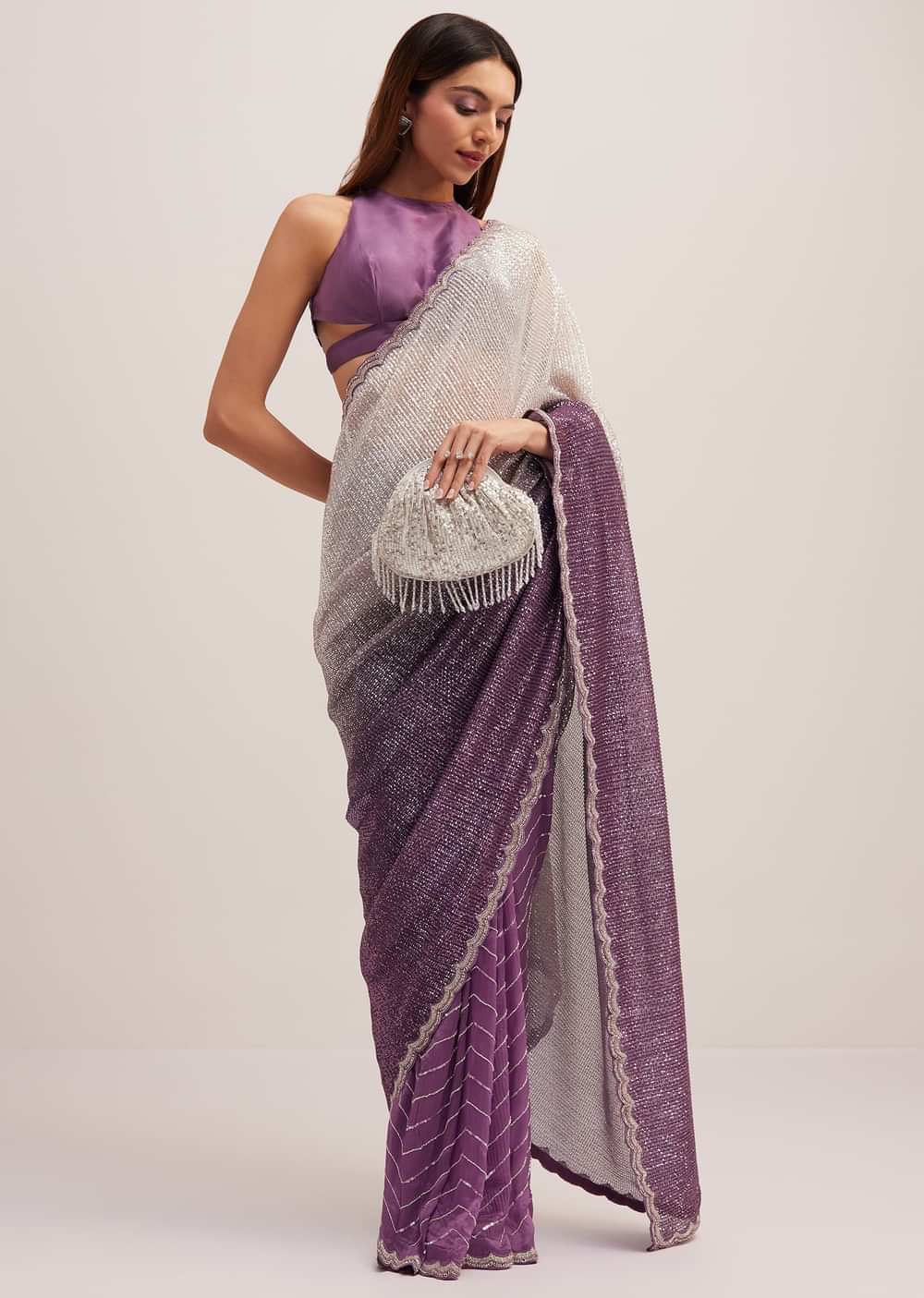 Purple Dual Shaded Half And Half Sequins Saree