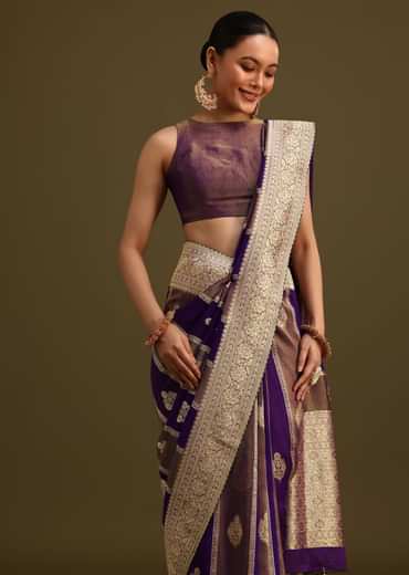 Purple Dual Shaded Khaddi Georgette Saree With Zari Brocade Pallu Border