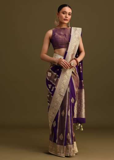 Purple Dual Shaded Khaddi Georgette Saree With Zari Brocade Pallu Border