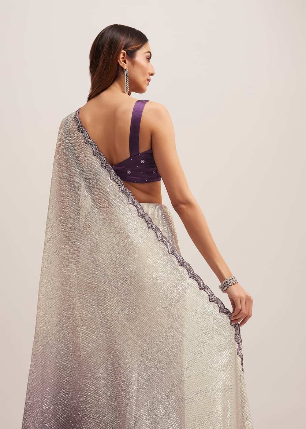 Purple Ombre Sequins Saree With Scallop Border