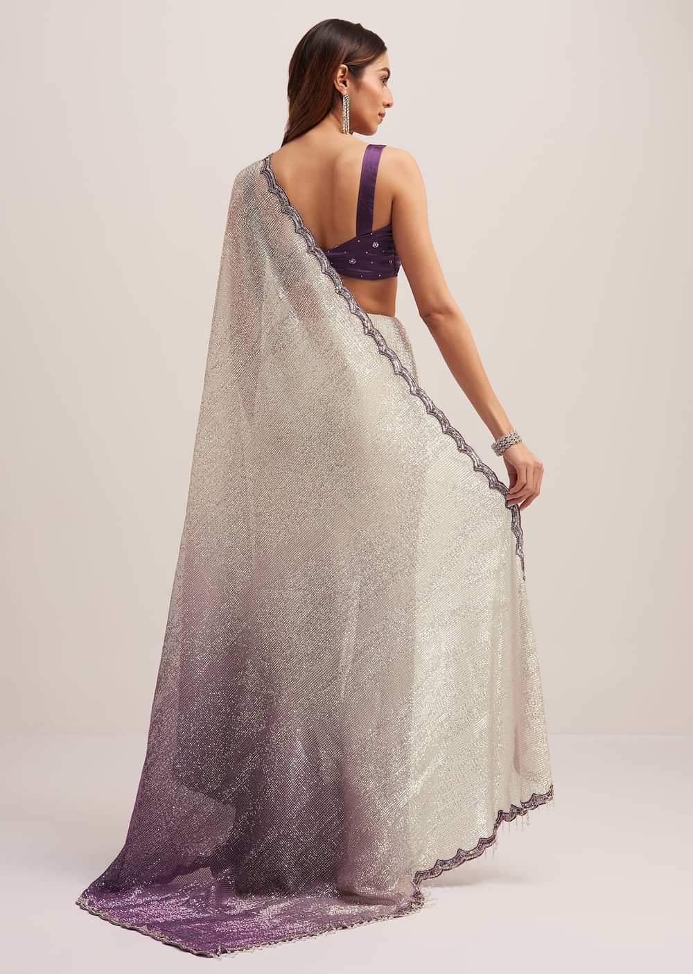 Purple Ombre Sequins Saree With Scallop Border