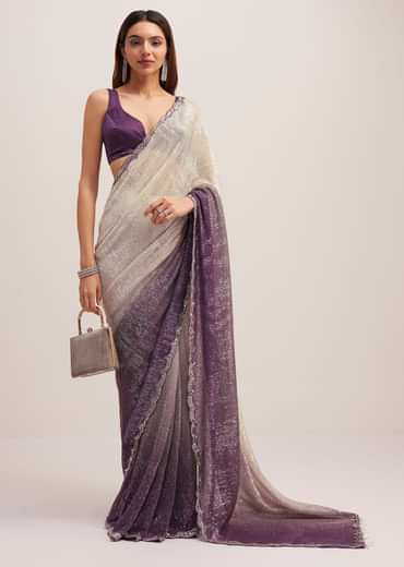 Purple Ombre Sequins Saree With Scallop Border