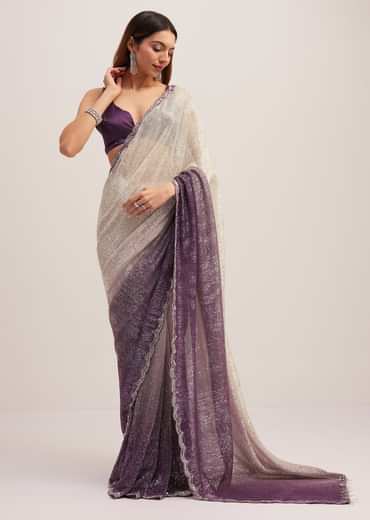Purple Ombre Sequins Saree With Scallop Border