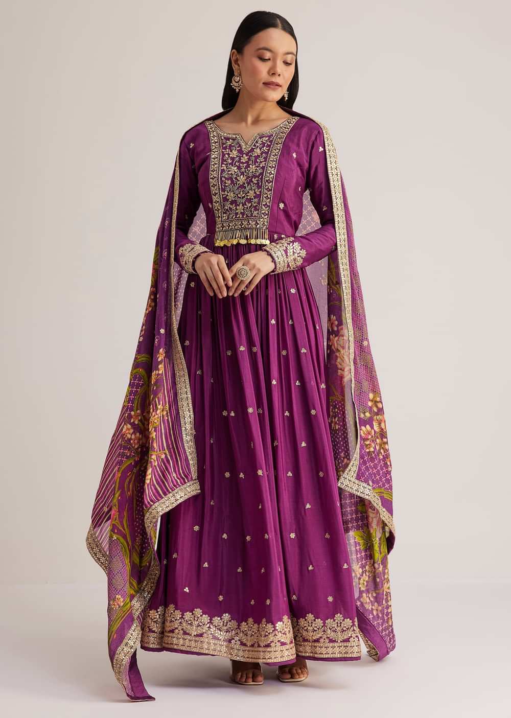 Purple Embroidered Anarkali Suit With Floral Dupatta