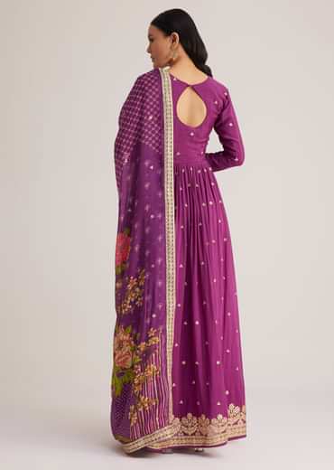 Purple Embroidered Anarkali Suit With Floral Dupatta