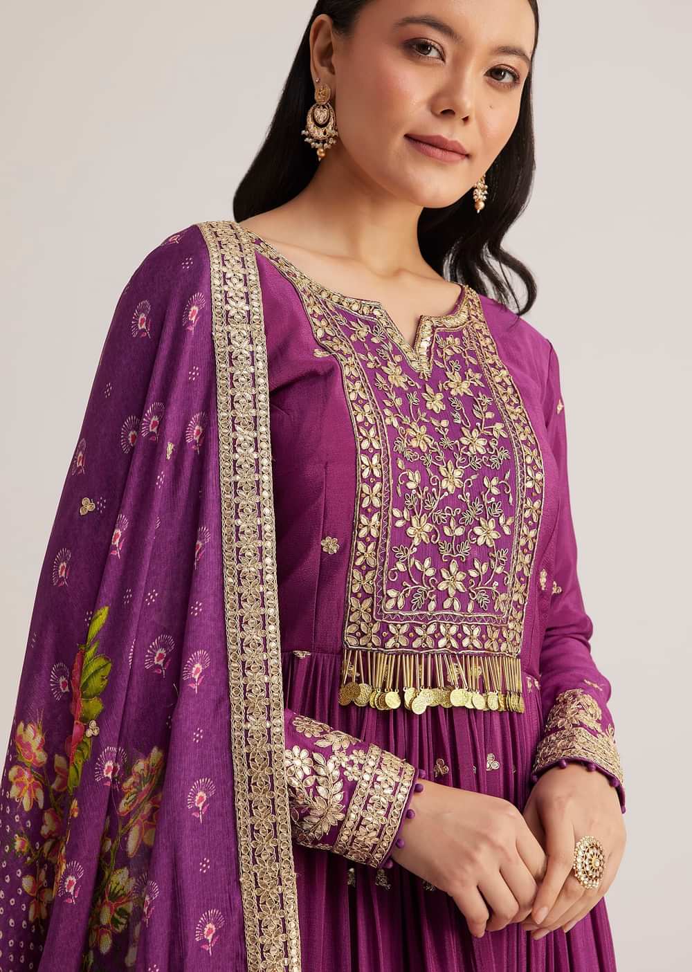 Purple Embroidered Anarkali Suit With Floral Dupatta