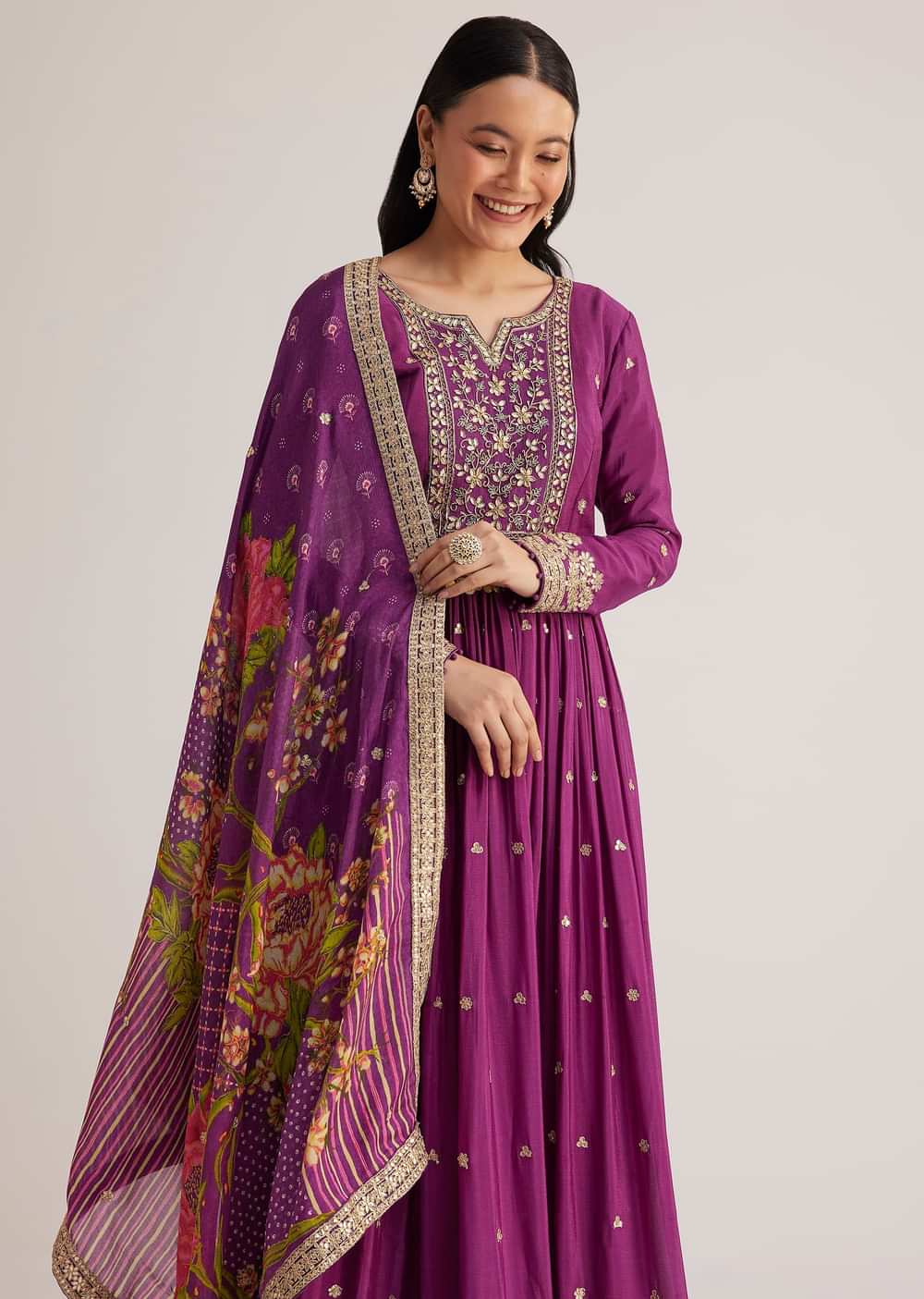 Purple Embroidered Anarkali Suit With Floral Dupatta
