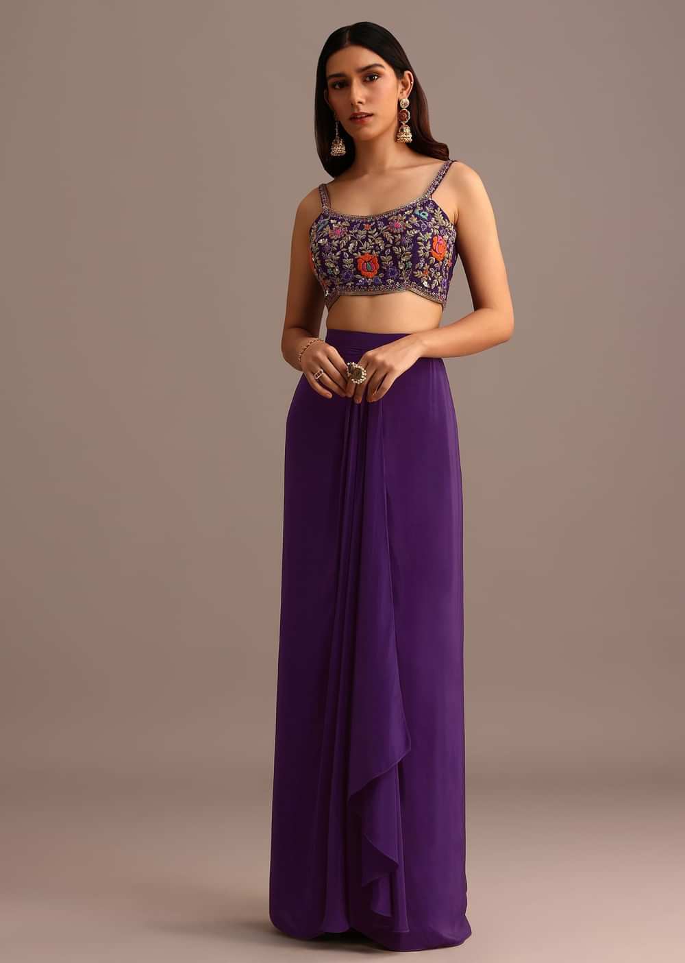 Purple Embroidered Croptop With Drape Skirt And Tussar Jacket