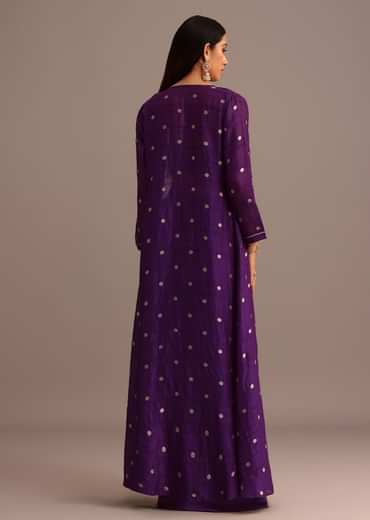 Purple Embroidered Croptop With Drape Skirt And Tussar Jacket