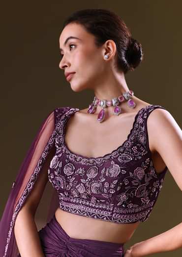 Purple Embroidered Drape Skirt With Embroidered Net Cape