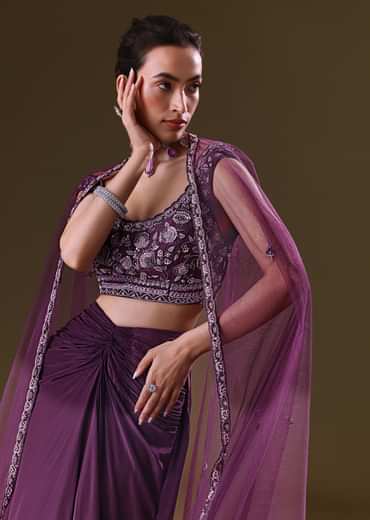 Purple Embroidered Drape Skirt With Embroidered Net Cape