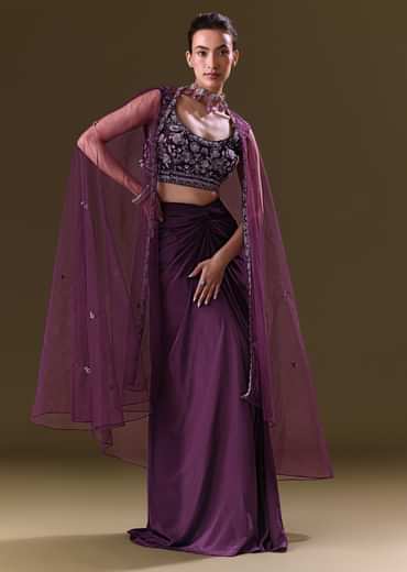 Purple Embroidered Drape Skirt With Embroidered Net Cape