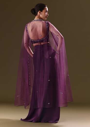 Purple Embroidered Drape Skirt With Embroidered Net Cape