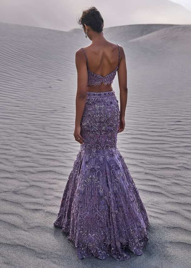 Purple Embroidered Fancy Organza Fishcut Lehenga With Blouse And Dupatta