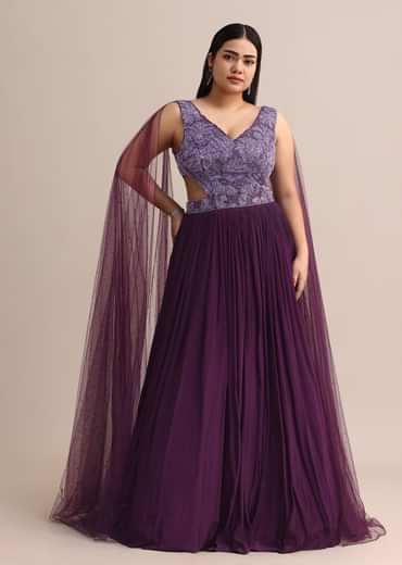 Purple Embroidered V Neck Gown With Side Cut