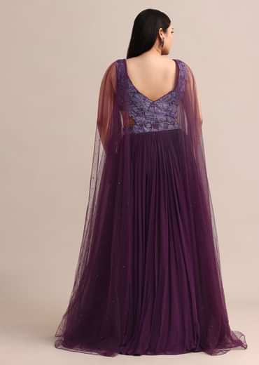 Purple Embroidered V Neck Gown With Side Cut