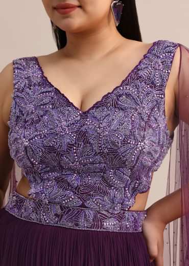Purple Embroidered V Neck Gown With Side Cut