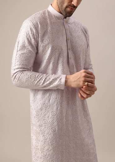 Purple Embroidered Kurta And Churidar In Silk