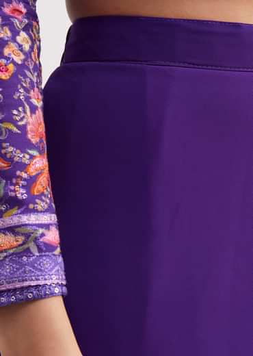 Purple Printed Mirror Work Kurta Set With Flared Palazzo