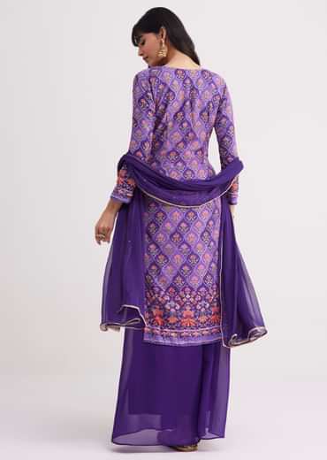 Purple Printed Mirror Work Kurta Set With Flared Palazzo