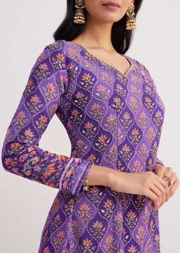 Purple Printed Mirror Work Kurta Set With Flared Palazzo