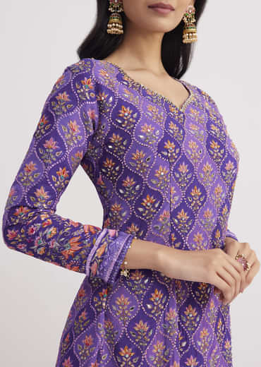 Purple Printed Mirror Work Kurta Set With Flared Palazzo