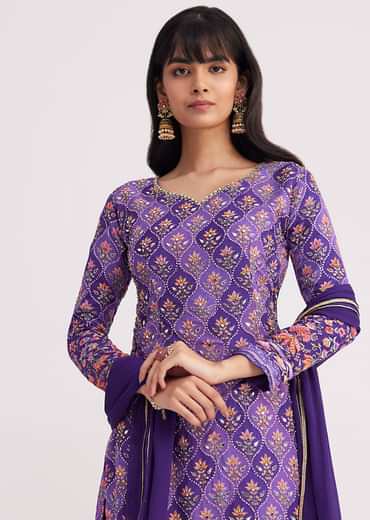 Purple Printed Mirror Work Kurta Set With Flared Palazzo
