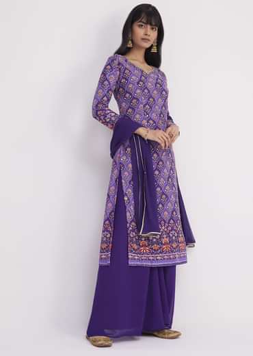 Purple Printed Mirror Work Kurta Set With Flared Palazzo