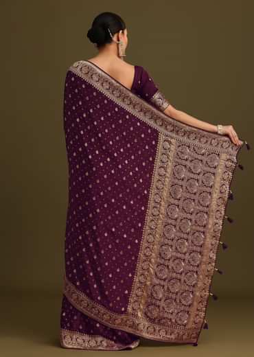 Purple Embroidered Saree With Zardosi Work And Unstitched Blouse