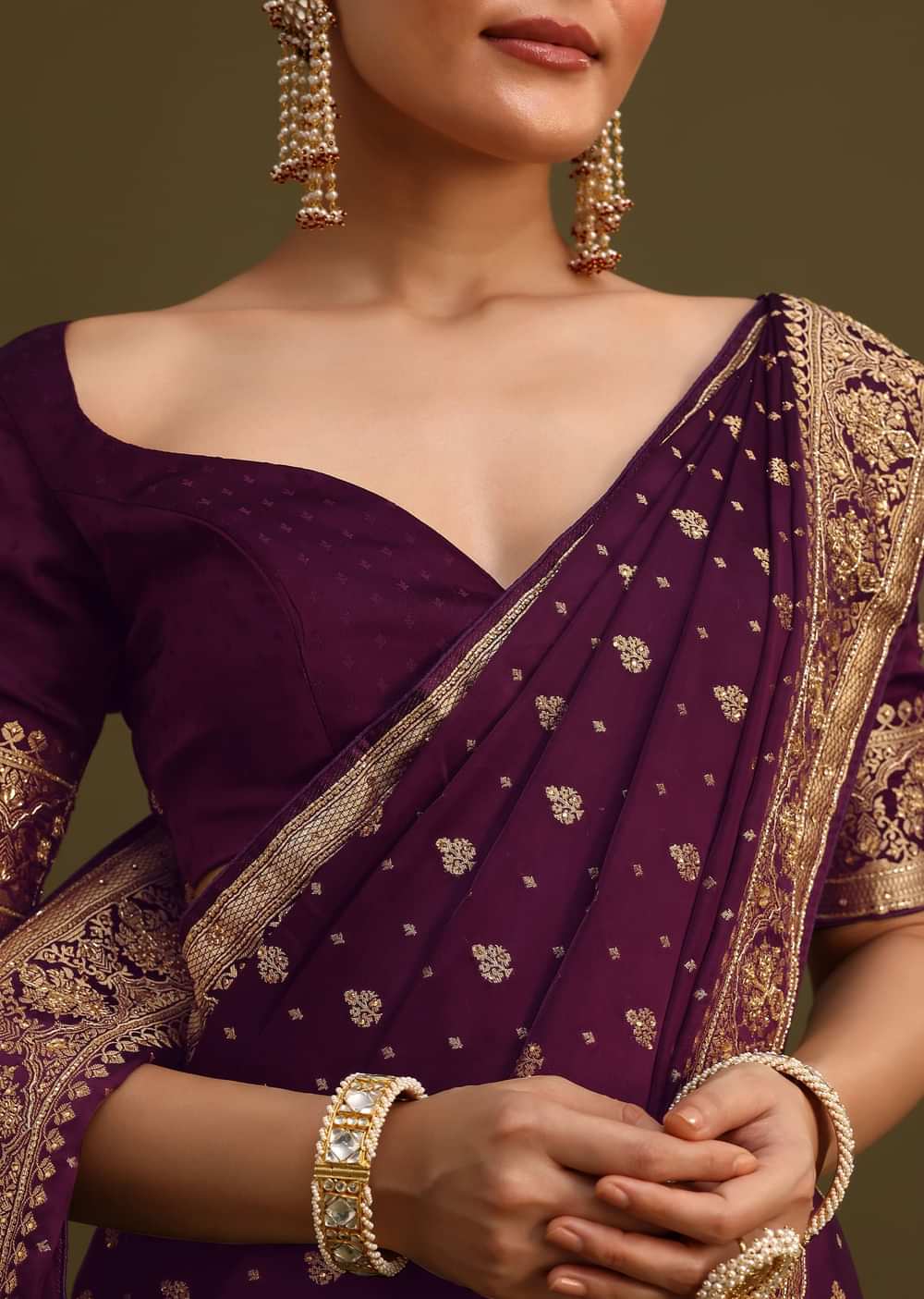 Purple Embroidered Saree With Zardosi Work And Unstitched Blouse