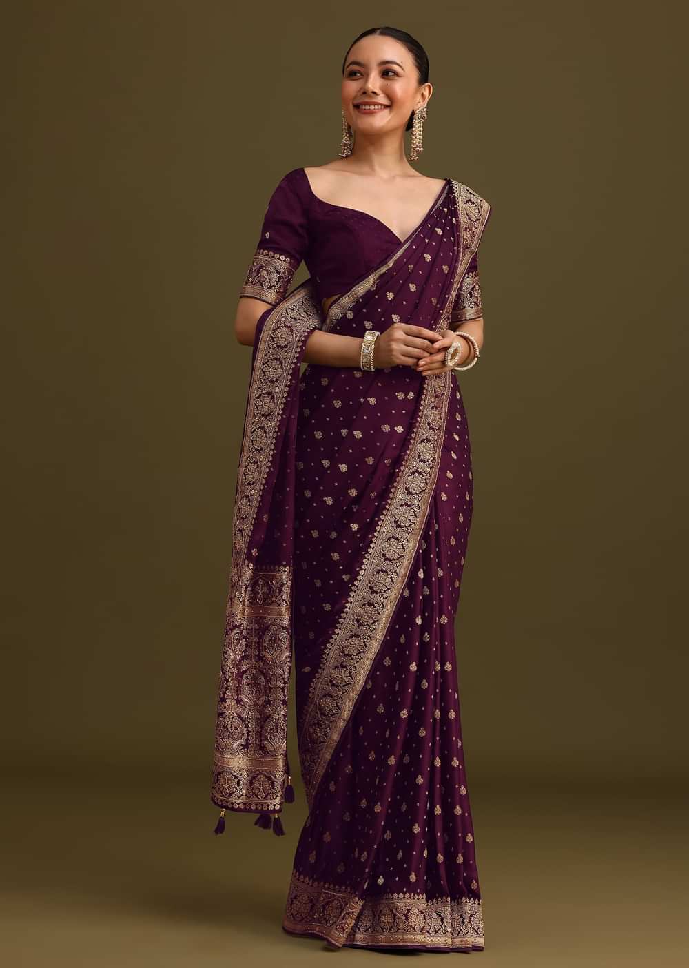 Purple Embroidered Saree With Zardosi Work And Unstitched Blouse
