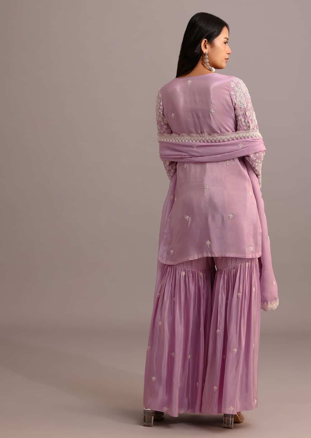 Purple Embroidered Sharara Set With Butti Work On Organza Dupatta