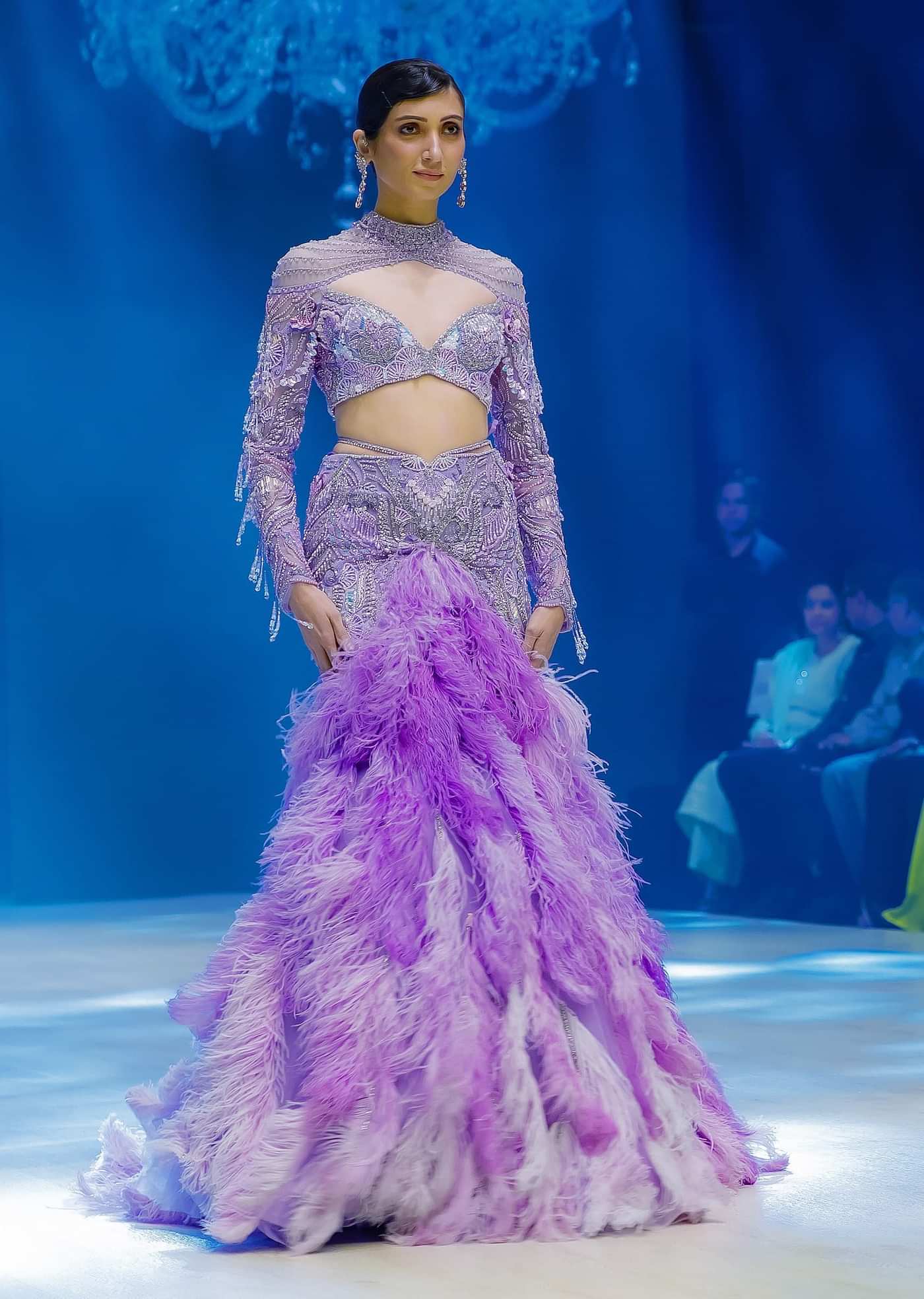 Purple Fish Cut Trail Skirt Lehenga Set with 3D Crystal And Feather Detailing