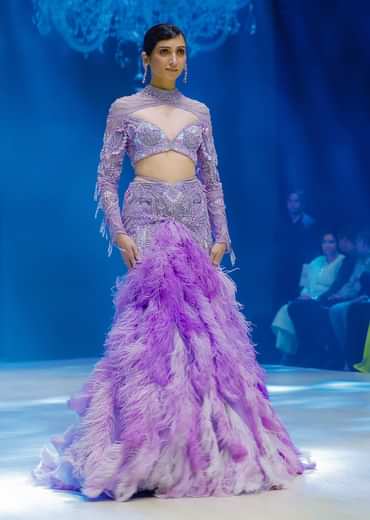 Purple Fish Cut Trail Skirt Lehenga Set with 3D Crystal And Feather Detailing