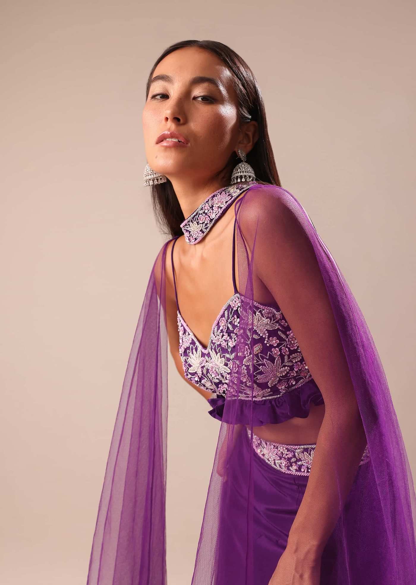 Purple Fishcut Skirt With Embroidered Blouse And Dupatta