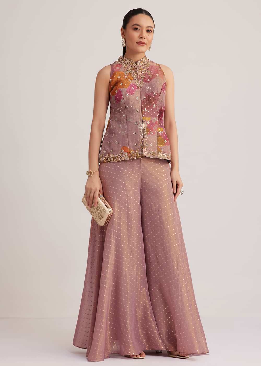 Purple Floral Embroidered Palazzo Set