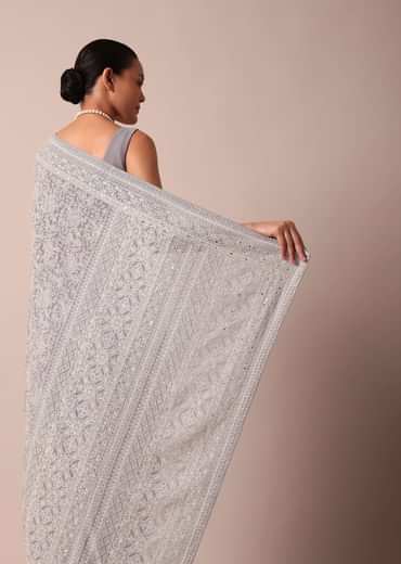 Purple Georgette Lucknowi Chikankari Sequin Saree With Unstitched Blouse Piece