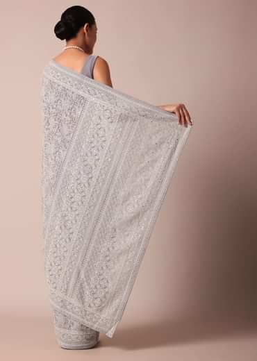 Purple Georgette Lucknowi Chikankari Sequin Saree With Unstitched Blouse Piece