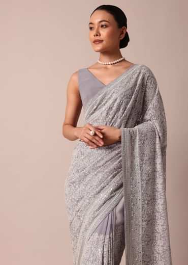 Purple Georgette Lucknowi Chikankari Sequin Saree With Unstitched Blouse Piece