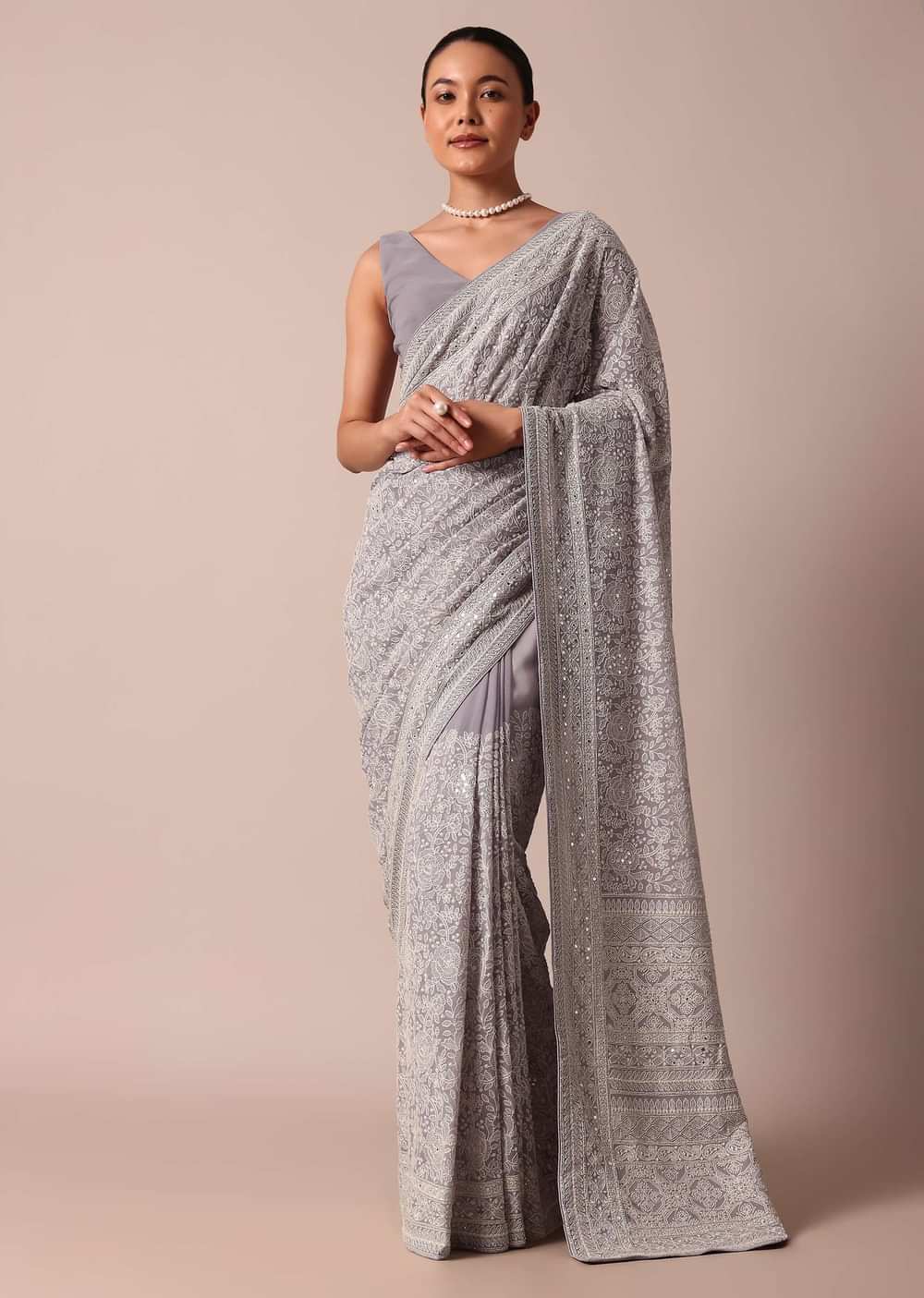 Purple Georgette Lucknowi Chikankari Sequin Saree With Unstitched Blouse Piece