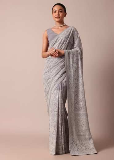 Purple Georgette Lucknowi Chikankari Sequin Saree With Unstitched Blouse Piece