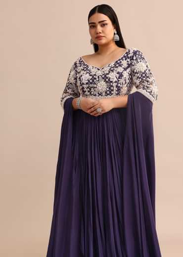 Purple Gown With Cape Style Sleeves in Jaal Work
