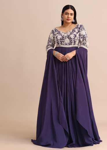 Purple Gown With Cape Style Sleeves in Jaal Work