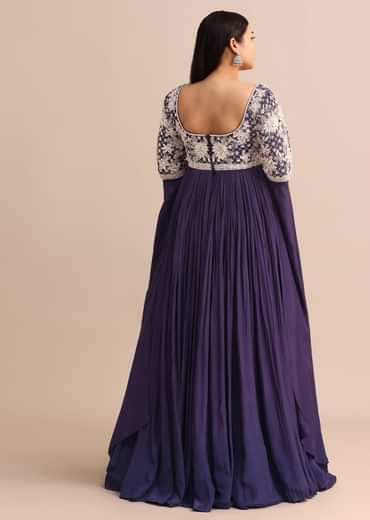 Purple Gown With Cape Style Sleeves in Jaal Work
