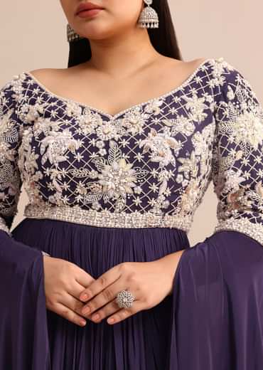 Purple Gown With Cape Style Sleeves in Jaal Work