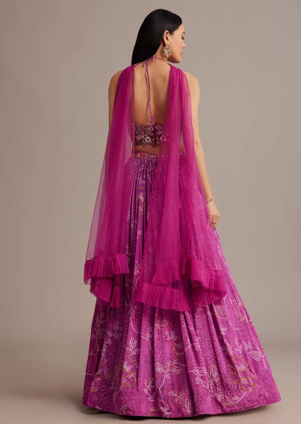 Purple Hand Embroidered Choli With Bandhani Print Lehenga And Choker Net Dupatta